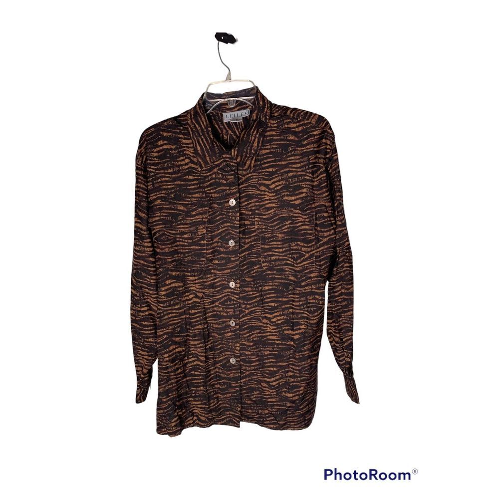 Vtg LEILEI Silk Blouse Tiger Print Button Up Short‎ Sleeve Collared Brown Black
